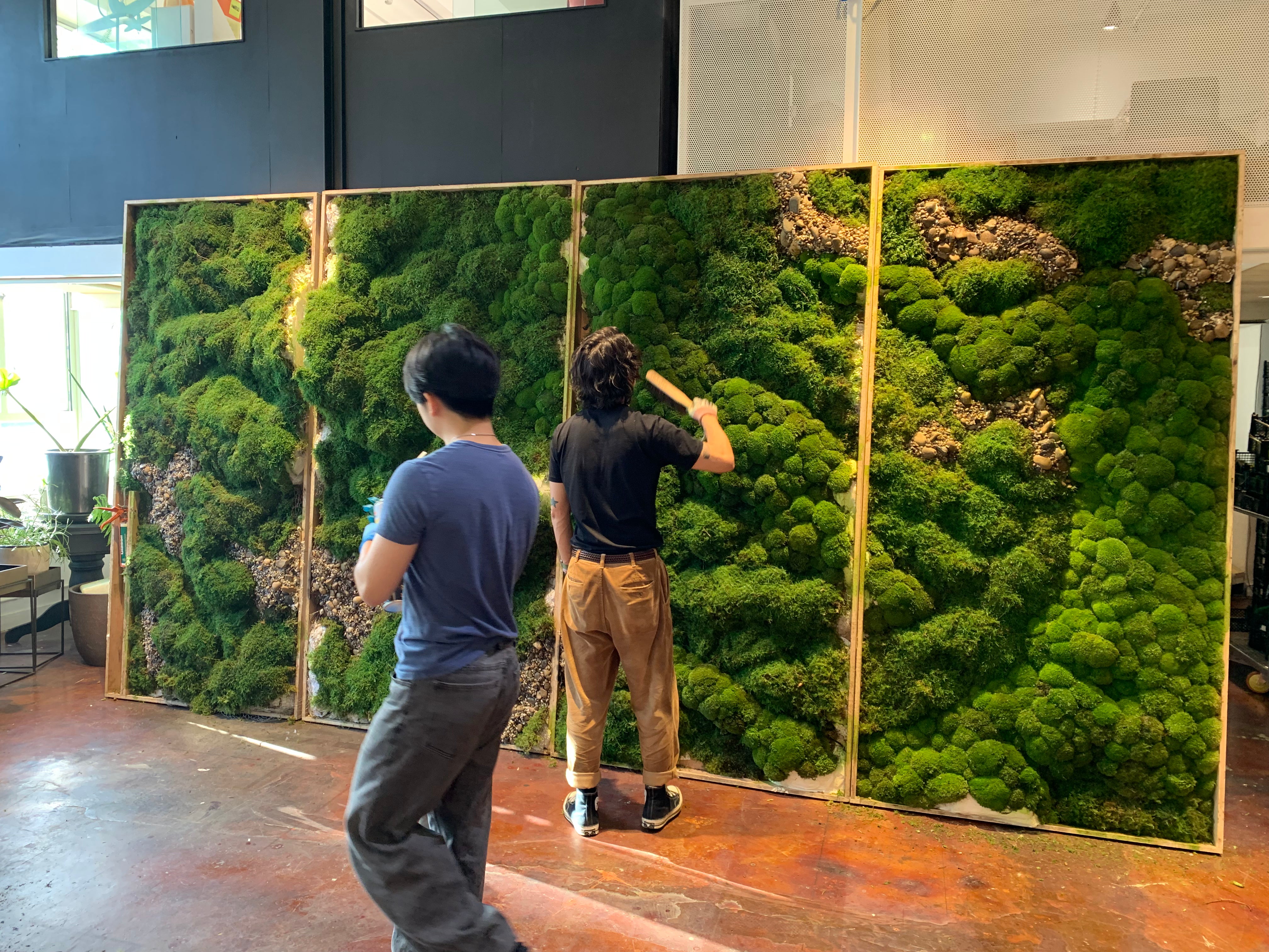 Two people examining a large framed moss live wall art piece by quest plant